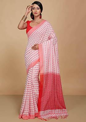 White Embroidered Art Silk Saree Set