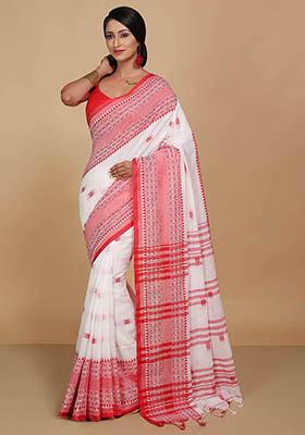 White Embroidered Art Silk Saree Set