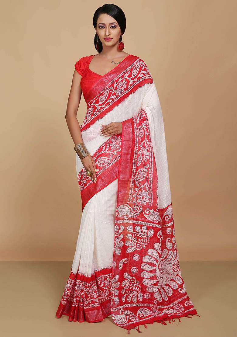 White Embroidered Art Silk Saree Set - Indya