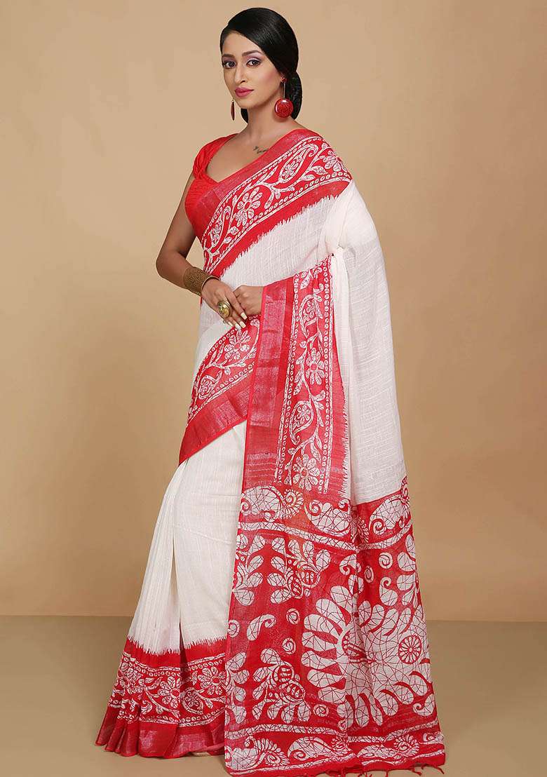 White Embroidered Art Silk Saree Set - Indya