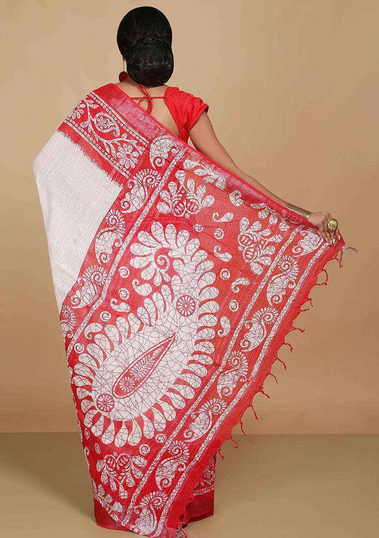 White Embroidered Art Silk Saree Set - Indya