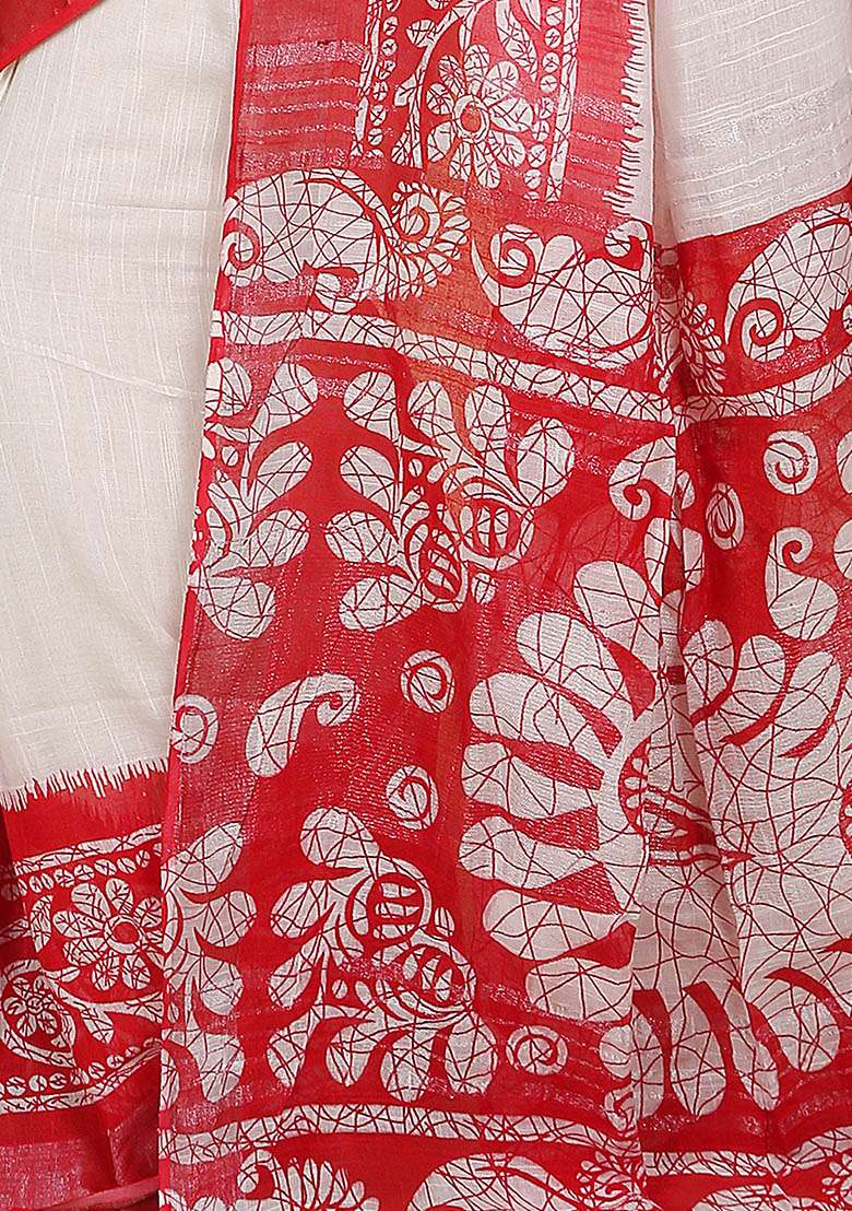 White Embroidered Art Silk Saree Set - Indya