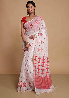 White Embroidered Art Silk Saree Set