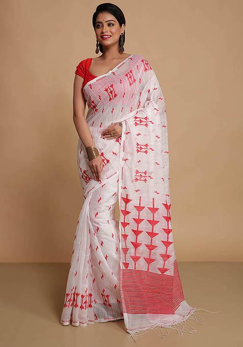 White Embroidered Art Silk Saree Set