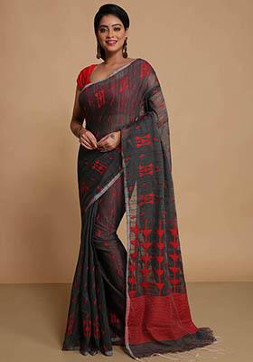 Black Embroidered Art Silk Saree Set