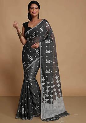 Black Embroidered Art Silk Saree Set
