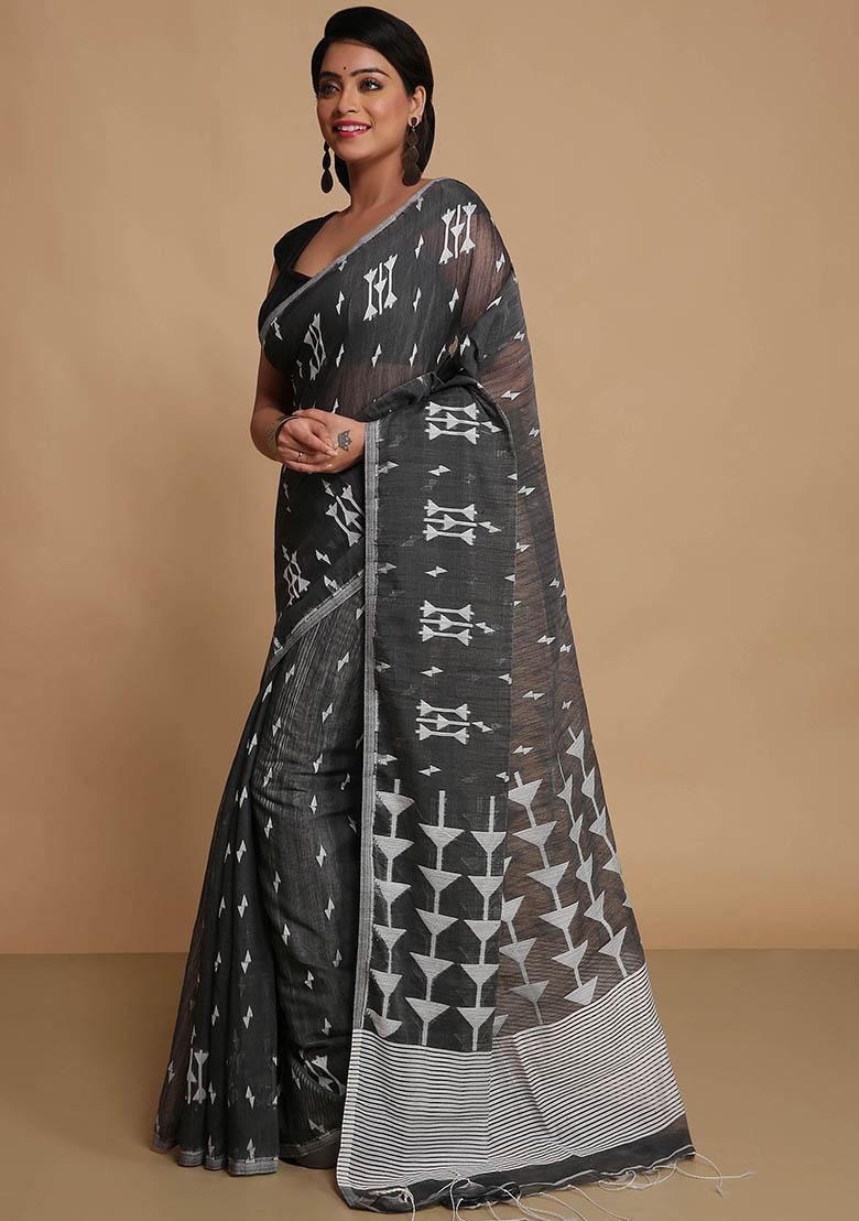 Black Embroidered Art Silk Saree Set - Indya