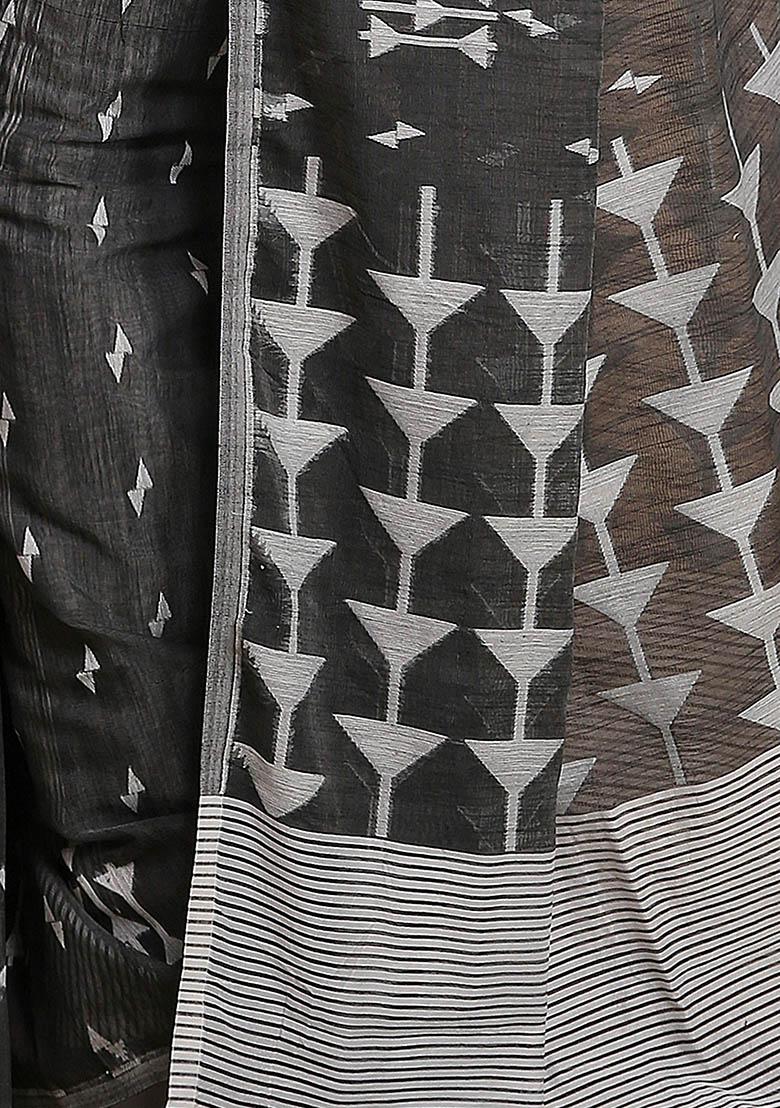 Black Embroidered Art Silk Saree Set - Indya