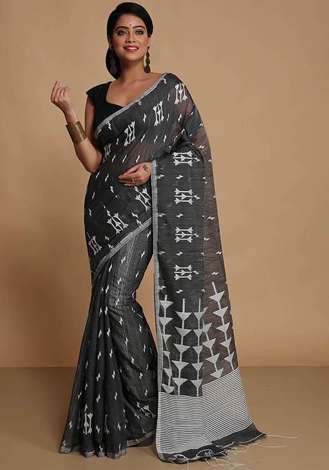 Black Embroidered Art Silk Saree Set