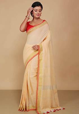 White Embroidered Art Silk Saree Set