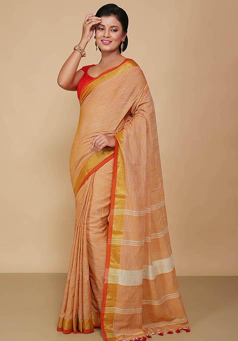 Beige Embroidered Art Silk Saree Set