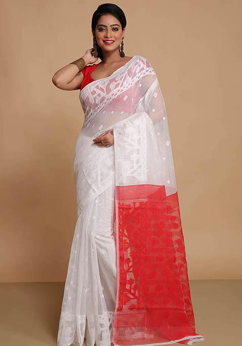 White Embroidered Art Silk Saree