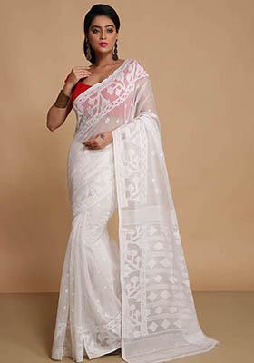 White Embroidered Art Silk Saree