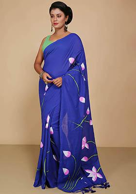 Blue Embroidered Cotton Saree Set