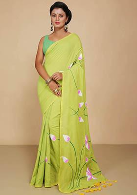 Green Embroidered Cotton Saree Set