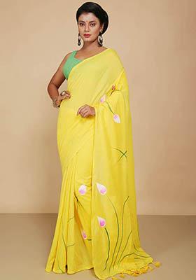 Yellow Embroidered Cotton Saree Set