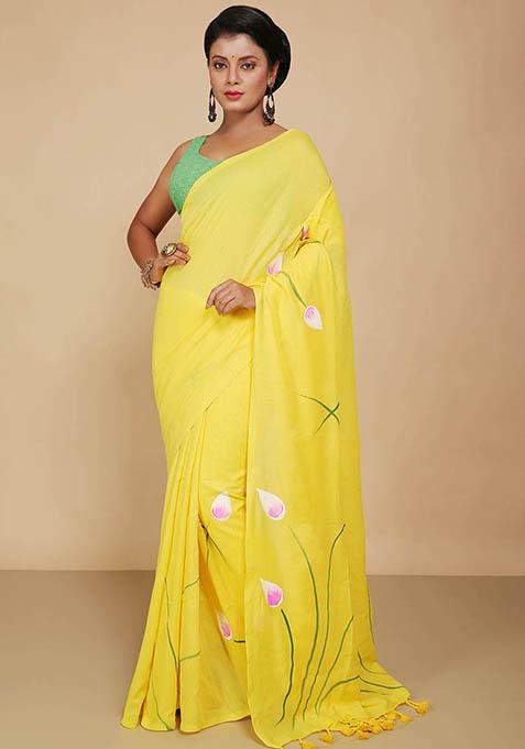 Yellow Embroidered Cotton Saree Set