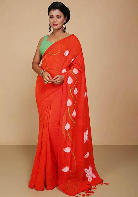 Orange Embroidered Cotton Saree Set