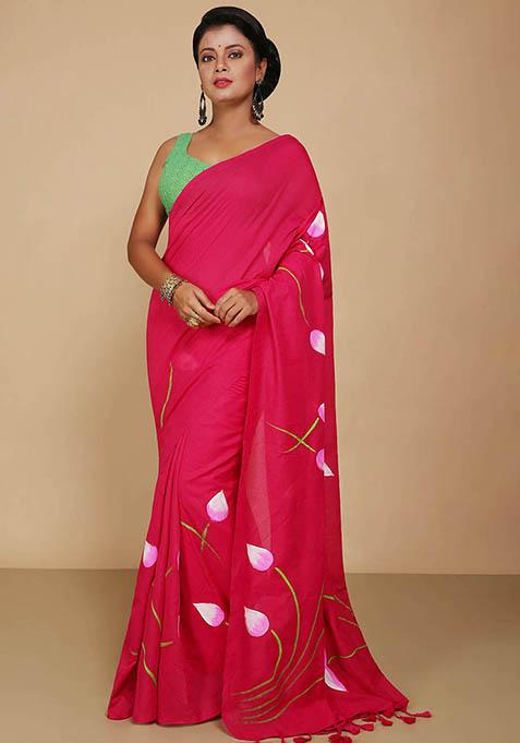 Red Embroidered Cotton Saree Set