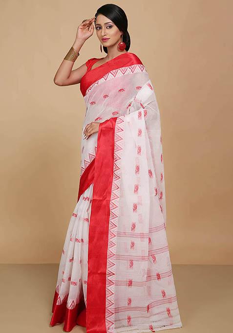White Weaving Art Silk Saree