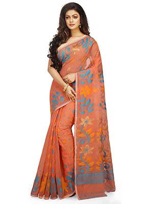 Orange Jamdani Art Silk Saree
