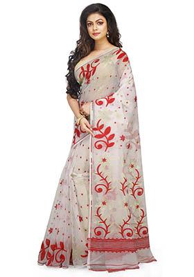 White Jamdani Art Silk Saree
