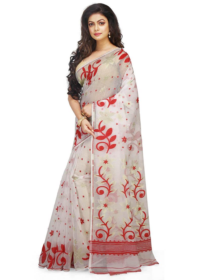 White Jamdani Art Silk Saree