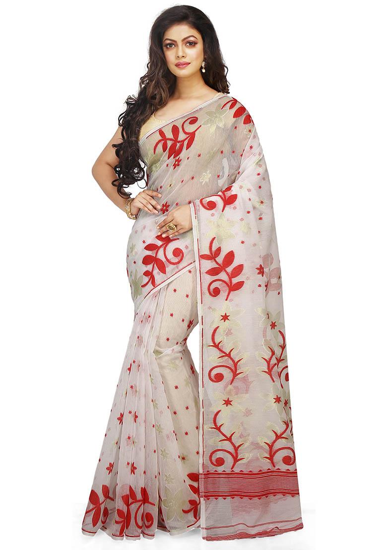 White Jamdani Art Silk Saree