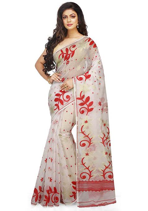 White Jamdani Art Silk Saree