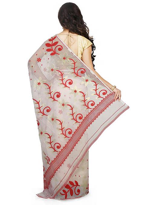 White Jamdani Art Silk Saree