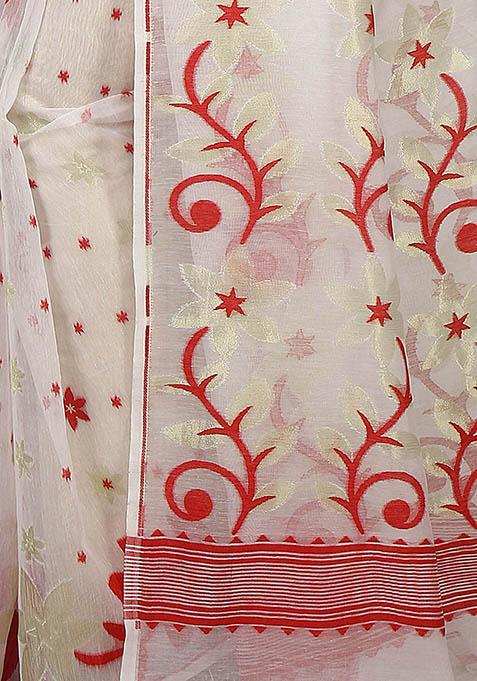 White Jamdani Art Silk Saree
