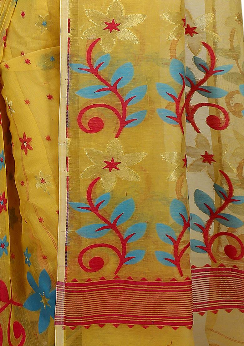 Yellow Jamdani Art Silk Saree