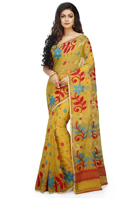 Yellow Jamdani Art Silk Saree