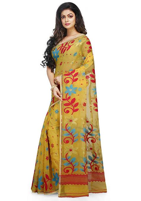 Yellow Jamdani Art Silk Saree