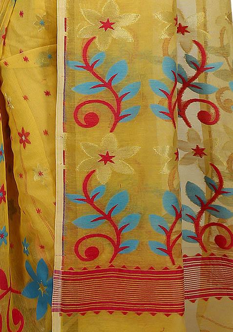 Yellow Jamdani Art Silk Saree