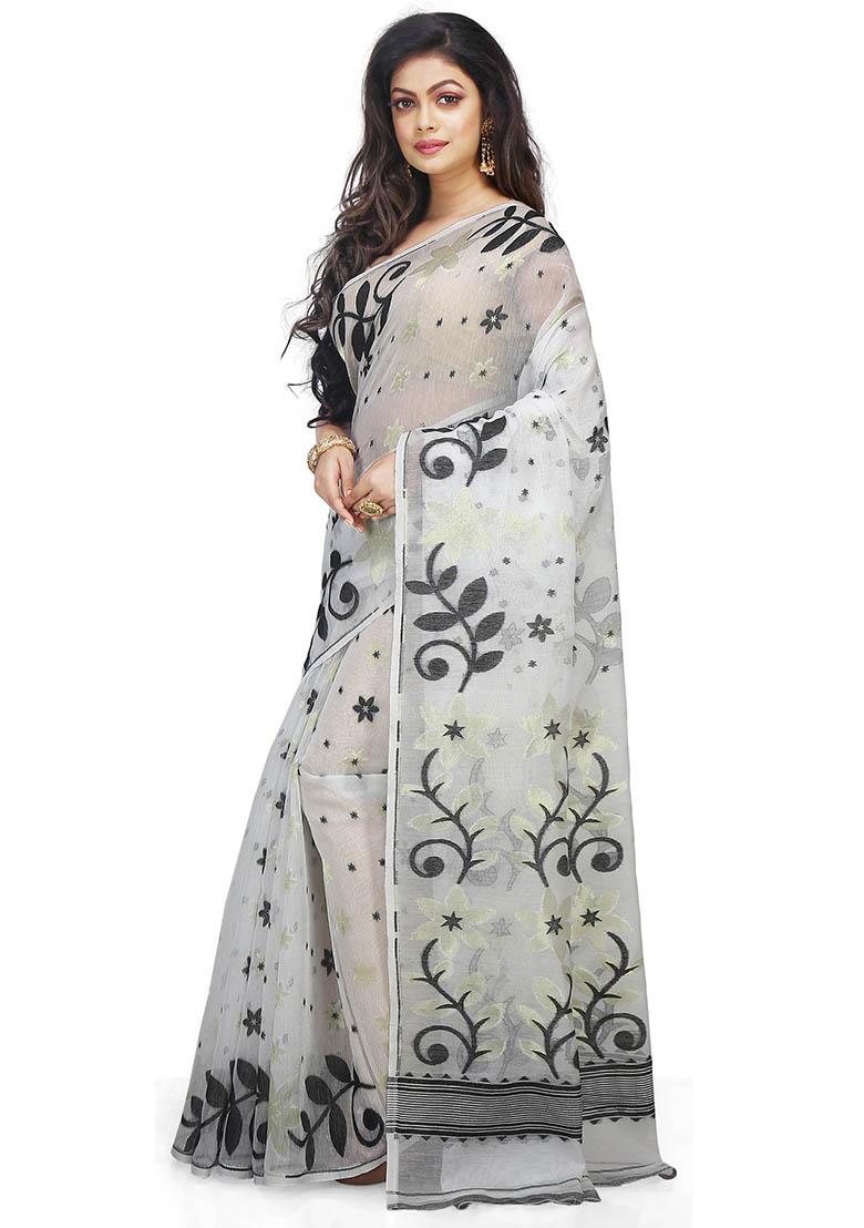 White Jamdani Art Silk Saree