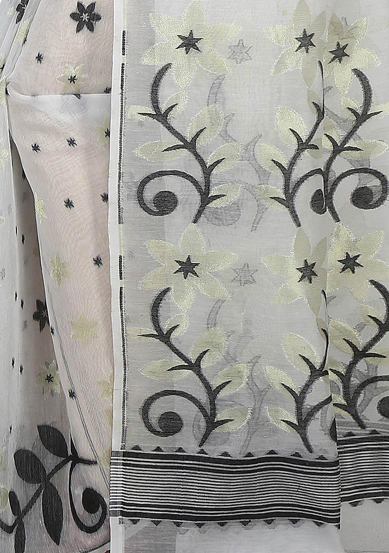 White Jamdani Art Silk Saree