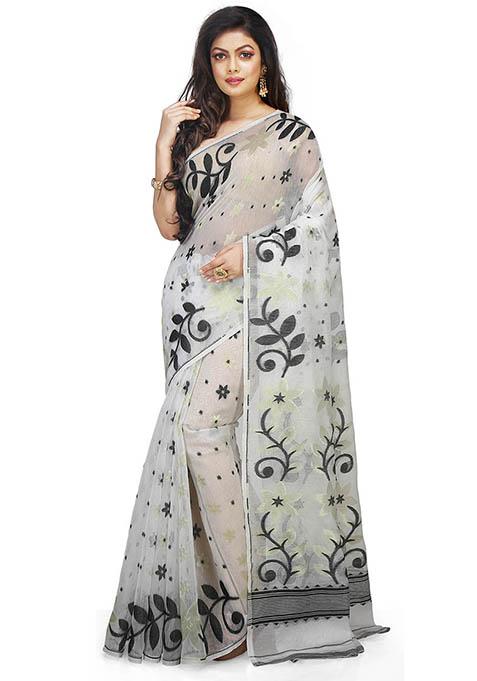 White Jamdani Art Silk Saree