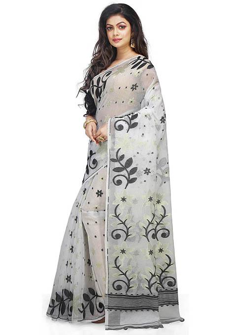 White Jamdani Art Silk Saree