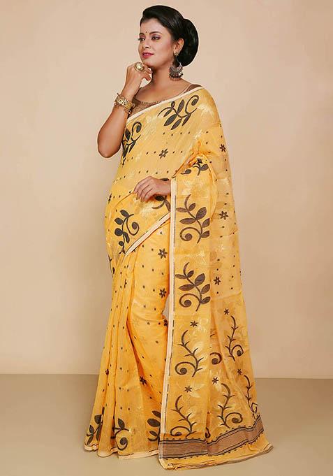 Yellow Jamdani Art Silk Saree
