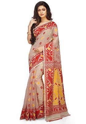 White Jamdani Art Silk Saree