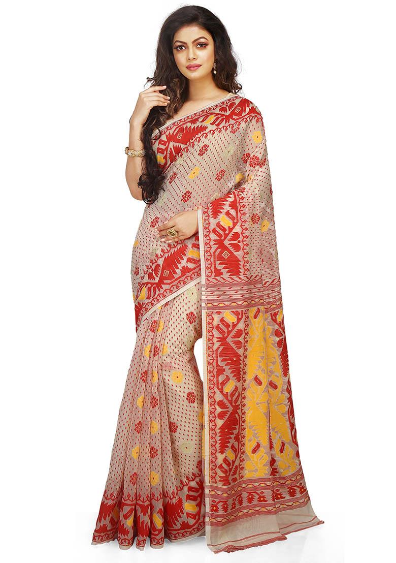 White Jamdani Art Silk Saree