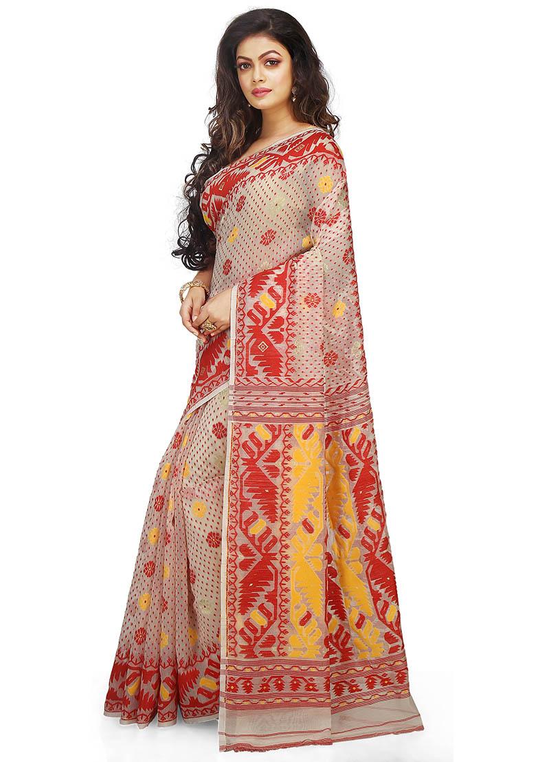 White Jamdani Art Silk Saree