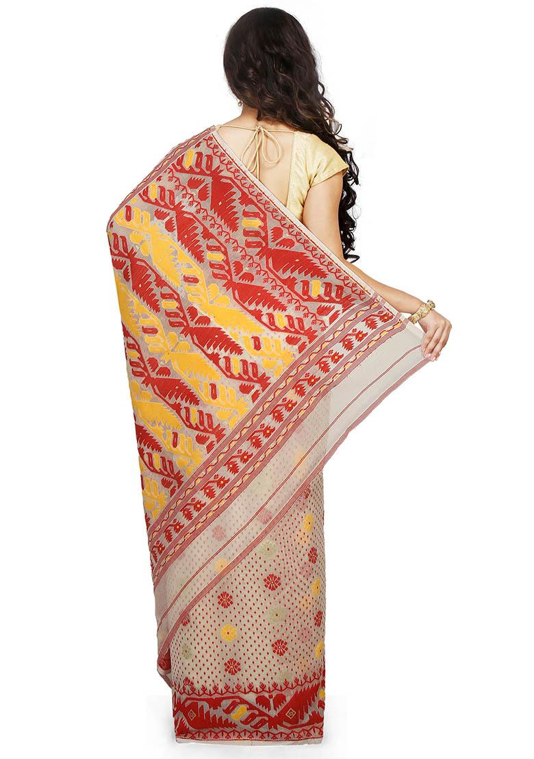 White Jamdani Art Silk Saree