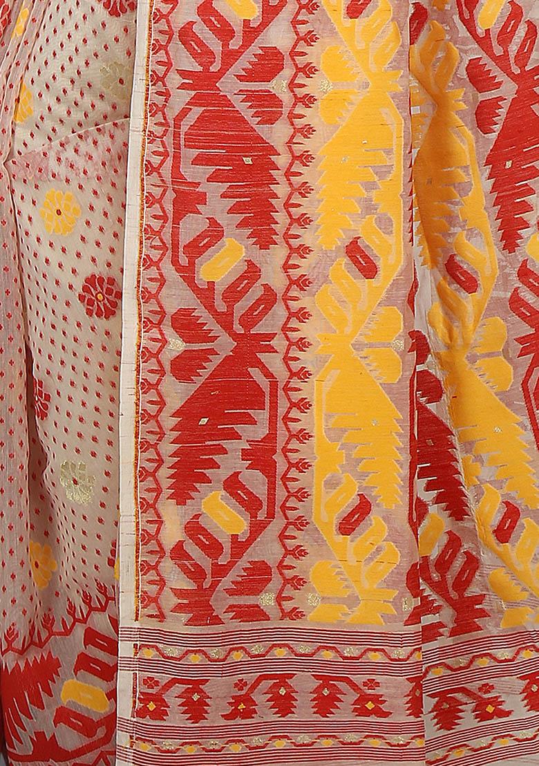 White Jamdani Art Silk Saree