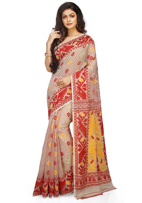 White Jamdani Art Silk Saree