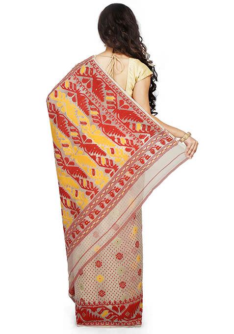 White Jamdani Art Silk Saree