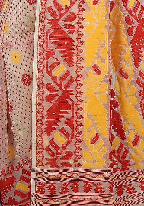 White Jamdani Art Silk Saree