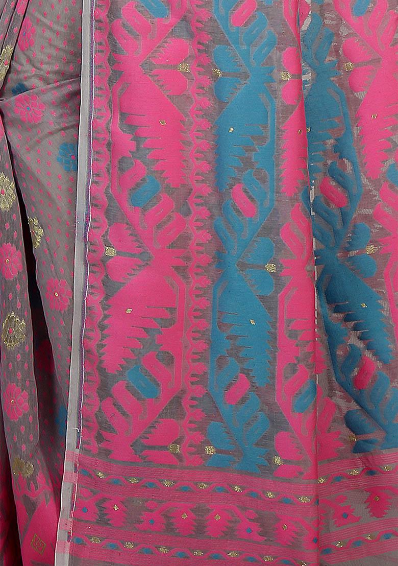 Grey Jamdani Art Silk Saree - Indya