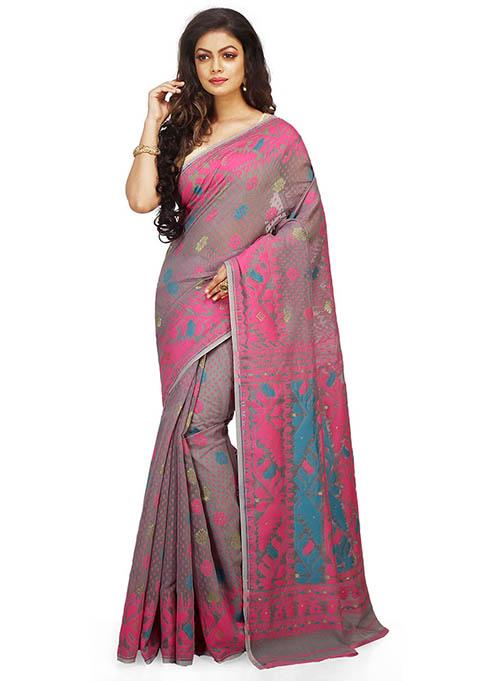 Grey Jamdani Art Silk Saree
